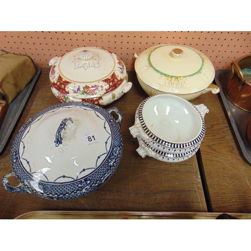 81 - Three lidded tureens and two others.