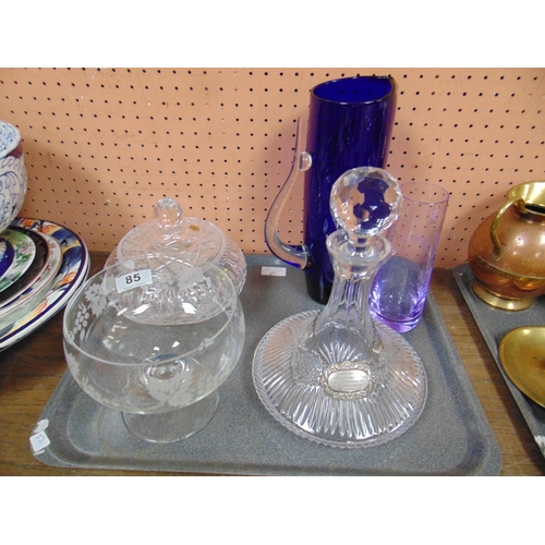 85 - Glass ship's decanter, lidded bowl, etc.