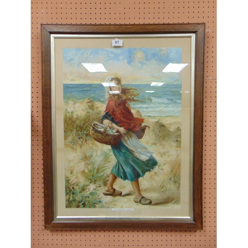 97 - Framed and glazed colour print , ''A Fisher Lass''. 24 x 17.5.