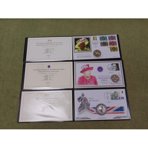 11 - Three cased Harrington & Byrne Queen Elizabeth II silver proof coin covers.