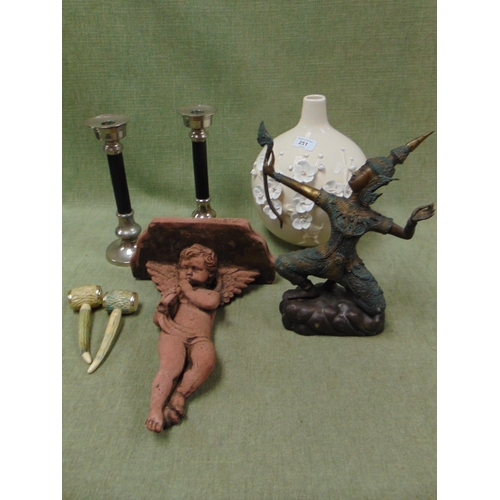 251 - Studio vase, pair of candle sticks, reproduction figure and a cherub wall shelf.