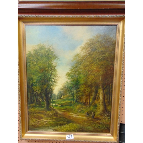 102 - H. Winstanley, gilt  framed oil painting on canvas, figures within a wood, signed lower left, 21 x 1... 