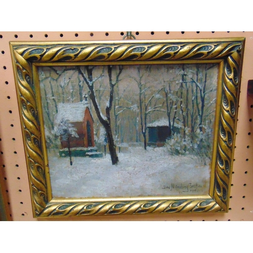 104 - Ida Munzberg Teschen 1916 , Gilt framed oil painting on board, winter country scene, signed lower ri... 