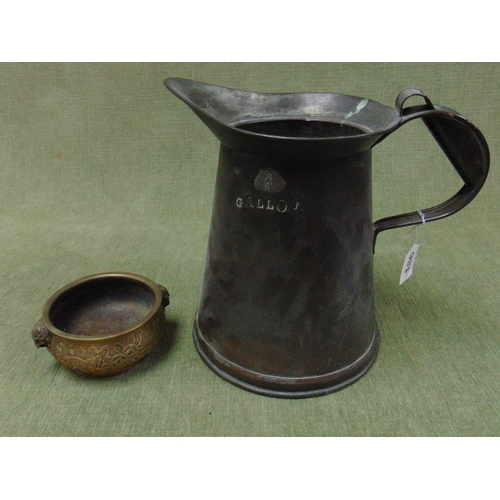 186 - Antique copper gallon jug and an Oriental censor. (2)