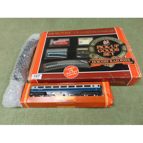 187 - Boxed Hornby pick up loco set, etc.