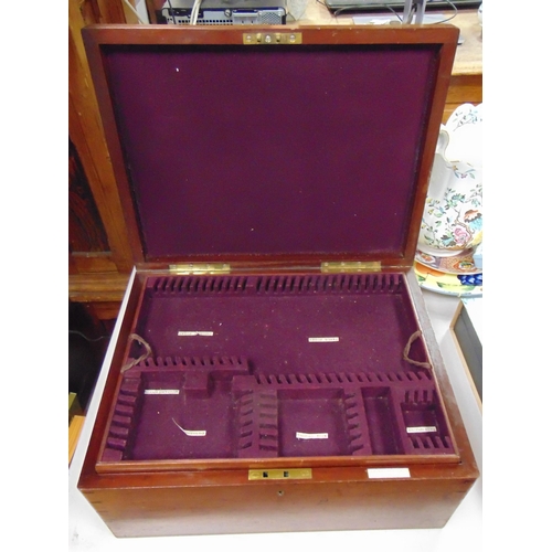 219 - Antique mahogany cutlery box, lift up lid , fitted interior and brass side handles. 8.5 x 18.5 x 14