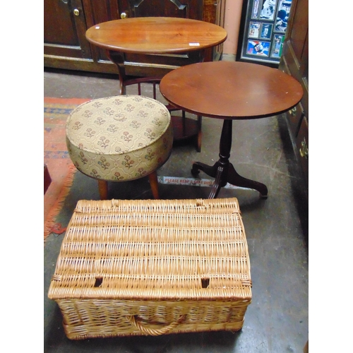 381 - Retro stool, wicker basket, magazine rack and an occasional table. (4)