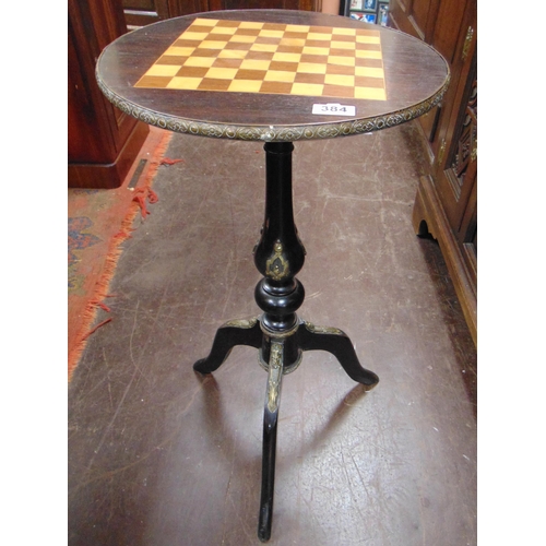 384 - Antique tripod table, chess board top, baluster column and on down swept supports. 29