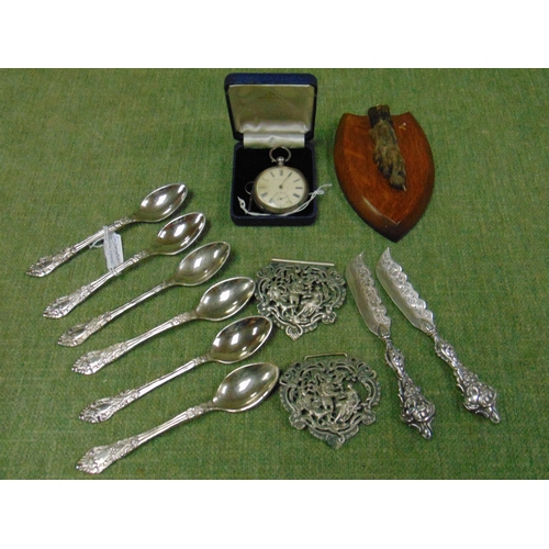 417 - Pair of silver butter knives, continental silver spoons, antique pocket watch, mounted animal's foot... 