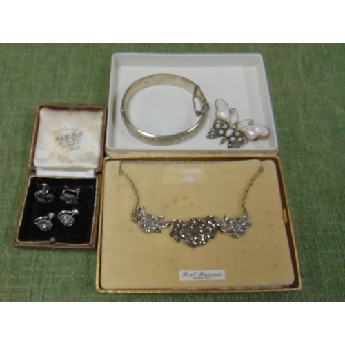 418 - Chester silver bangle, marcasite necklace, etc.