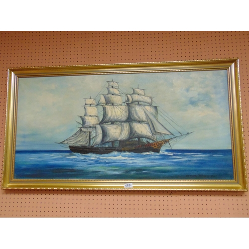 468 - Octavia Thompson, gilt framed oil painting on canvas, sailing vessel. 19 x 40