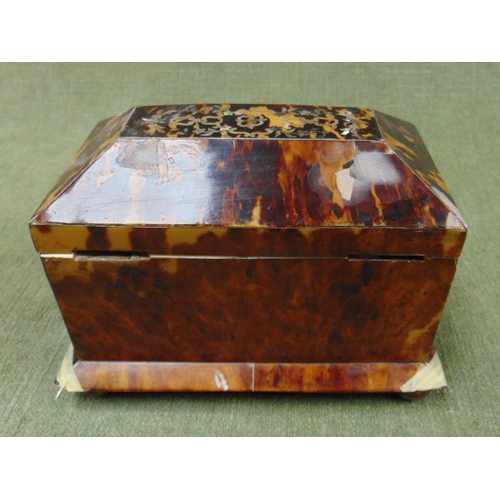 104 - Antique mother of pearl inlaid tea caddy, lift up top and fitted interior, set on bun feet. For rest... 