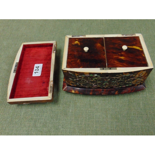 104 - Antique mother of pearl inlaid tea caddy, lift up top and fitted interior, set on bun feet. For rest... 