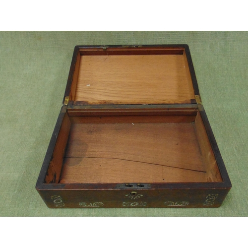 42 - Antique rosewood mother of pearl inlaid box, having lift up lid, 5 x 14 x 10