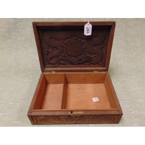197 - Reproduction oriental trinket box, having dragon decoration. 5 x 12 x 8.5