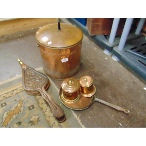 198 - Copper coal box, pair of bellows, etc.