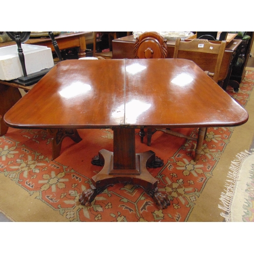 276 - William IV mahogany tea table, fold over top revealing a polished interior, tapered supporting colum... 