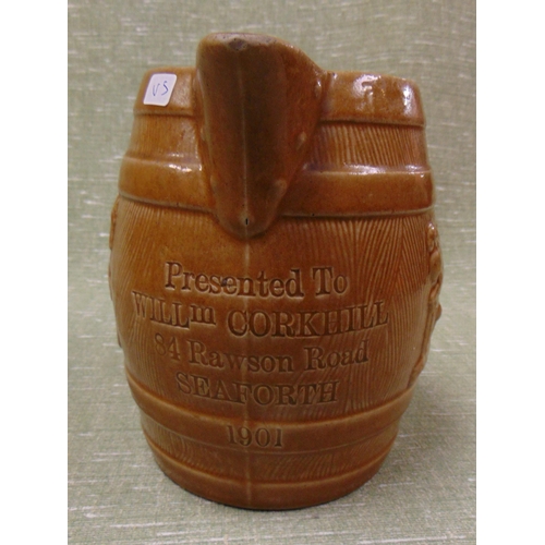 43 - Good stoneware barrel form jug, presented to William Corkhill, 84 Rawson Road, Seaforth 1901, 8