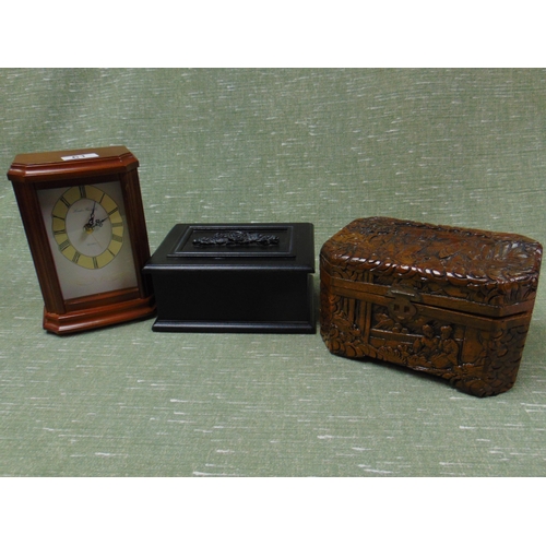 61 - An Oriental type trinket box, one other and a mantle clock. (3)