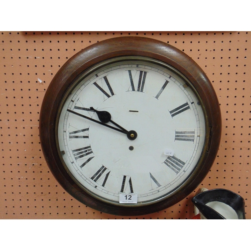 12 - Victorian mahogany framed dial clock, having enamel face and Roman numerals. 15