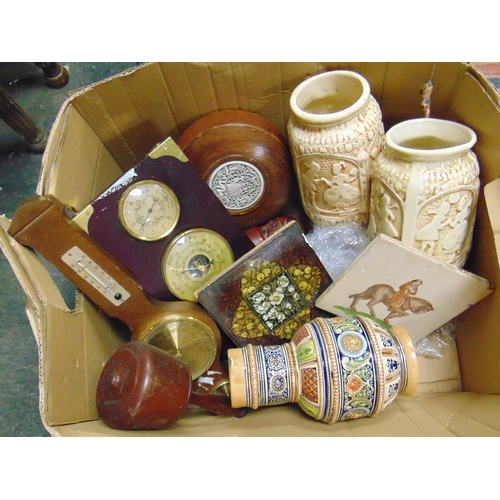 179 - Circular lidded box, carved wooden figure, etc.