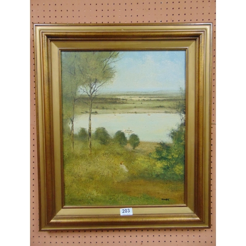 203 - Moody, gilt framed oil painting on canvas, boat on a lake, signed lower right. 19 x 15