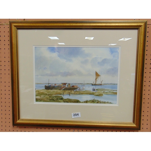 204 - Ashton Cannel, framed and glazed water colour, boats on estuary, signed lower right, 9.5 x 13.5