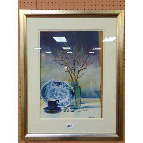 206 - John Lidzey, framed and glazed watercolour, still life of branches in a glass vase,  17 x 12.5