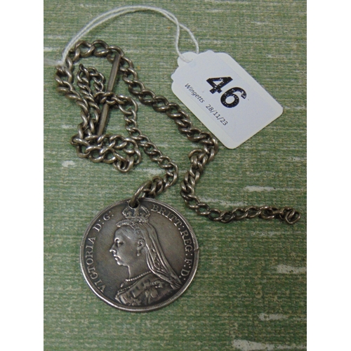 46 - Silver watch chain and T bar, together with an 1889 Victoria crown.