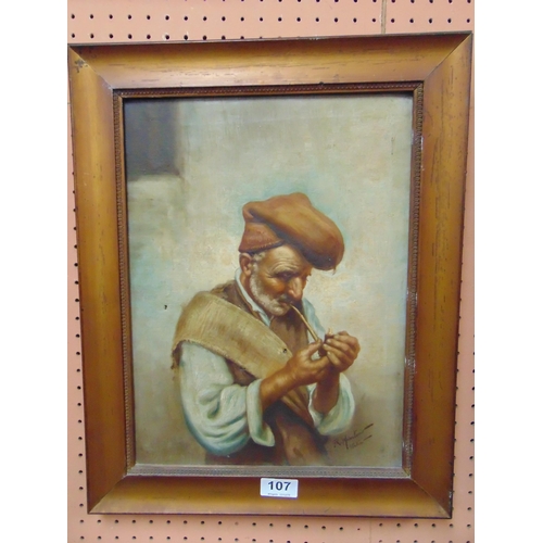 107 - Italian school, pair of framed oils on canvas, men smoking pipes, each 14.5 x 10.5