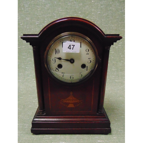 47 - Antique inlaid mahogany mantle clock, dome top, enamel face and Roman numerals,  12.5 x 9.5 x 5