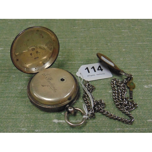 114 - Silver cased pocket watch, maker Joseph Samuel Wildman, Chester 1894 (lacking glass) and a possibly ... 