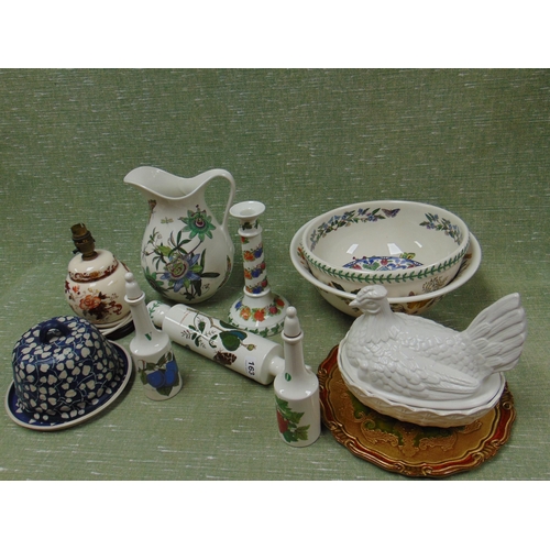 163 - Portmeirion jug and bowl, rolling pin, blue and white cheese dish, glass hen on nest, etc.