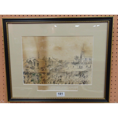 181 - Framed and glazed black and white print, Riot at Mold, June 2nd 1869. 8.5 x 12