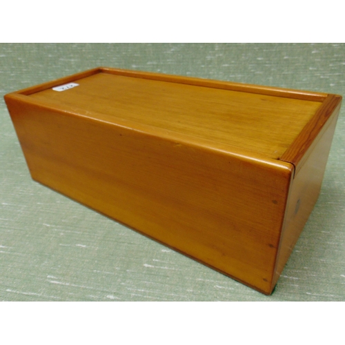 272 - Rectangular wooden box, having sliding lid and a vintage broom.