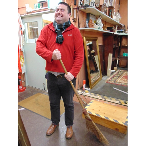 272 - Rectangular wooden box, having sliding lid and a vintage broom.