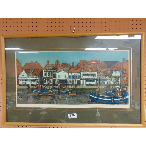 296 - Framed and glazed limited edition colour print, harbour scene, indistinctly signed lower left. 10.5 ... 