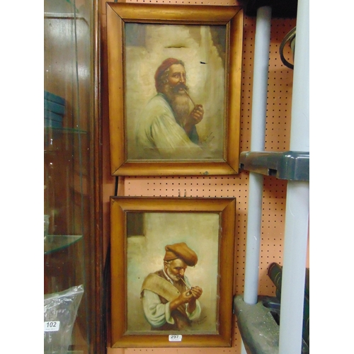 297 - Italian school, pair of framed oils on canvas, men smoking pipes, each 14.5 x 10.5