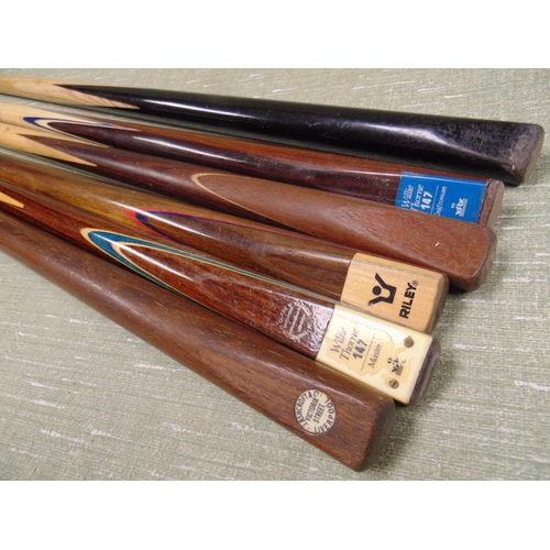 370 - Collection of vintage snooker/billiard cues with metal cue cases, to include a J. Ashcroft & Co, one... 