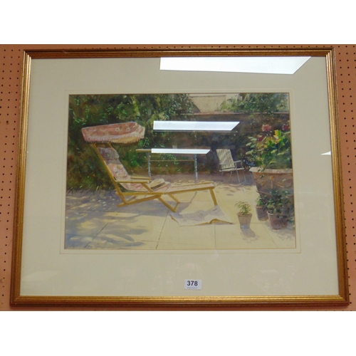 378 - Framed and glazed watercolour, courtyard scene, 15 x 21