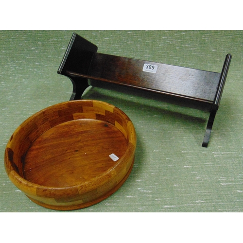 389 - An oak book trough and a wooden bowl. (2)