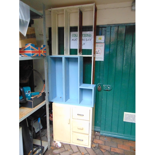 405 - Two retro painted bookcases, folding table and a side cabinet.