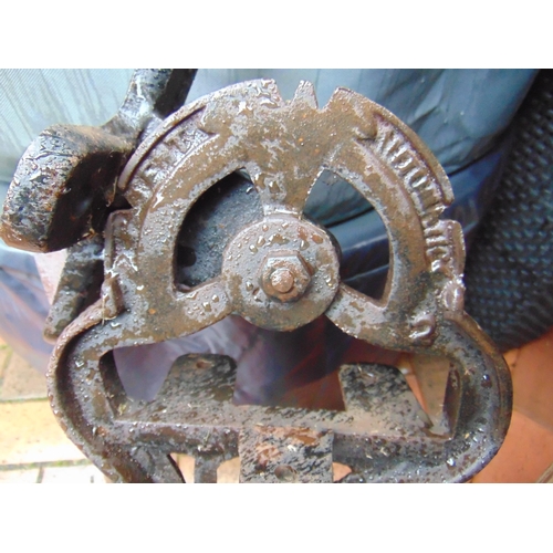 415 - Antique pitch pine railway  bench, having cast iron ends embossed 'patent automatic' and 'Wellington... 