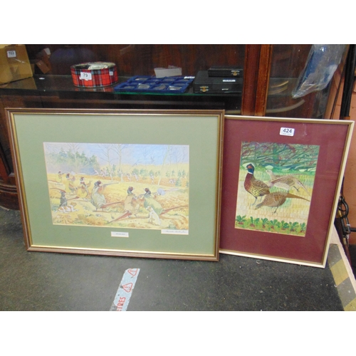 424 - Framed and glazed humorous pheasant shooting print, and one other.