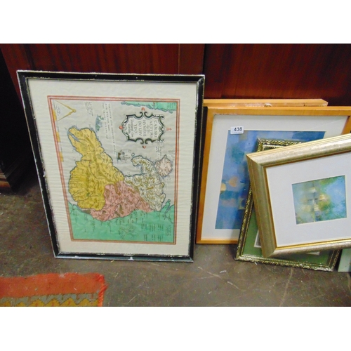 438 - Various framed and glazed prints, map, etc.