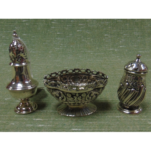 73 - Antique silver salt, London 1888, silver pepper pot and one other. (3)