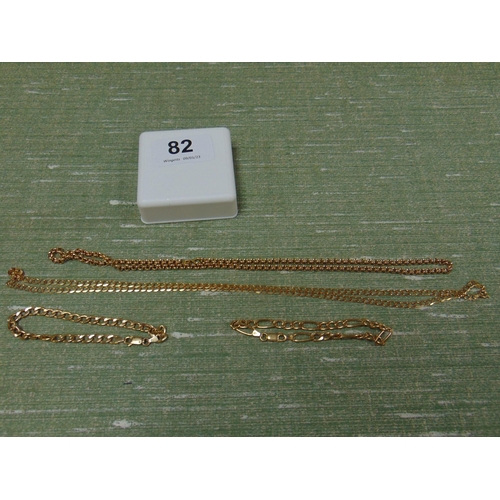 82 - Two link bracelets marked 375, necklace marked 375 and one other example marked 9 KT.