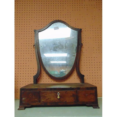 115 - Antique mahogany shield back toilet mirror, having three drawers to base, and on bracket feet. 22 x ... 