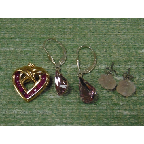 118 - Ruby heart shaped pendant, a pair of rose quartz stud earrings and a amethyst pear drop pair of earr... 