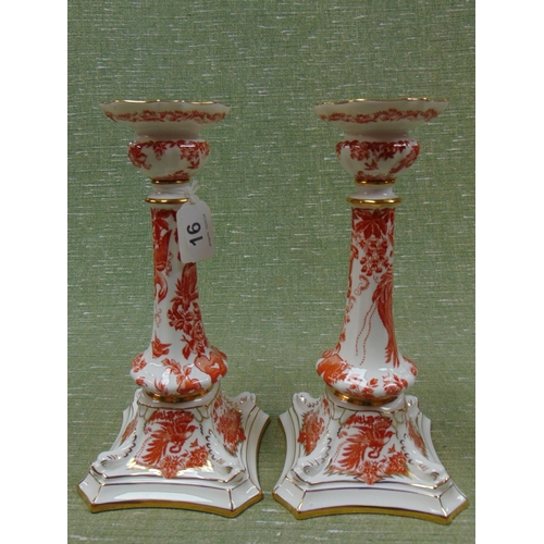 16 - Pair of Royal Crown Derby Red Aves A.74 pattern candlesticks, as new.